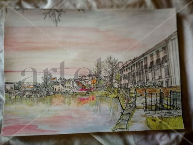 "Un atardecer en el Balneario termal" Lugo Acuarela Papel Paisaje