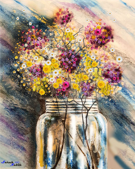 The glass flowervase Mixed media Paper Floral Painting