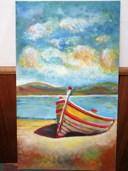 Barco en la arena Acrylic Textile Marine Painting