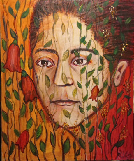 Mapuche en el jardín, año 2017,  (Elizabeth Rodríguez, Constitución, Chile) Acrylic Canvas Portrait