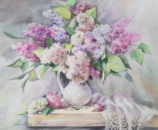 Bouquet of lilacs 17x21". Original watercolor painting. Still life flowers Acuarela Papel Floral