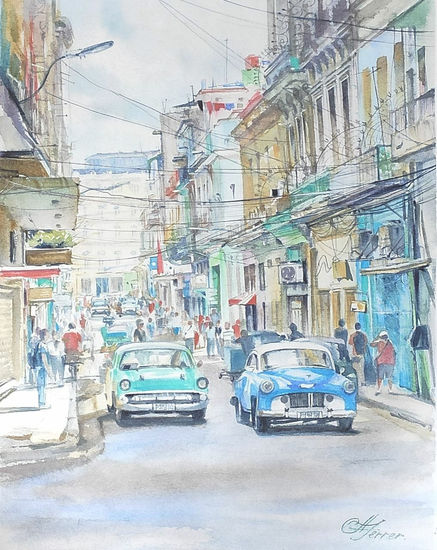 Havana streets 14x18". Original watercolor painting Acuarela Papel Paisaje