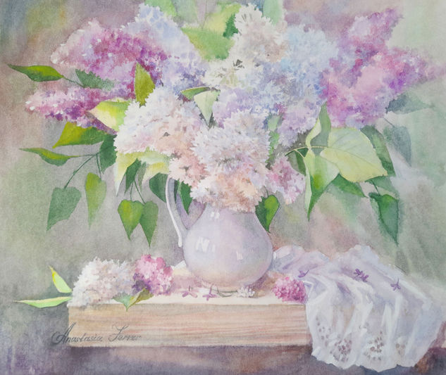 Bouquet of lilacs 18x22". Original watercolor painting Acuarela Otros Floral