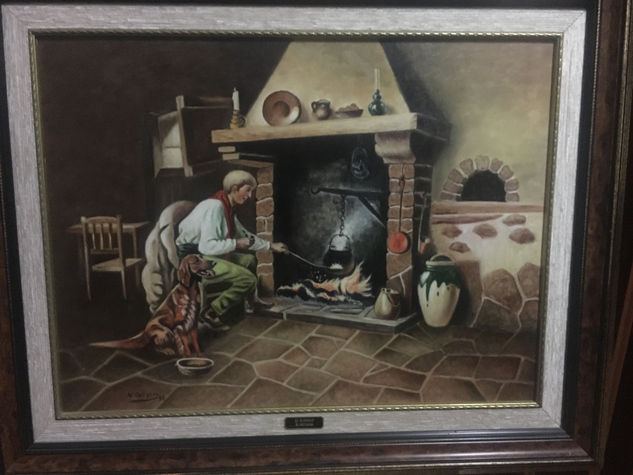 Hombre Cocinando en la Chimenea. Oil Canvas Still Life Paintings