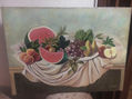 Bodegon con melon y frutas en mantel