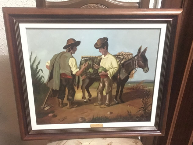 Dos hombres partiendo un melón delante de un burro Oil Canvas Animals