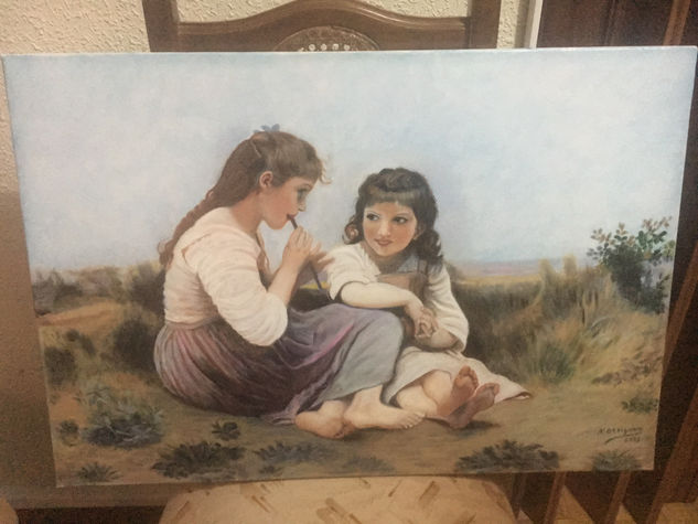 Dos Niñas conversando. Óleo Lienzo Paisaje