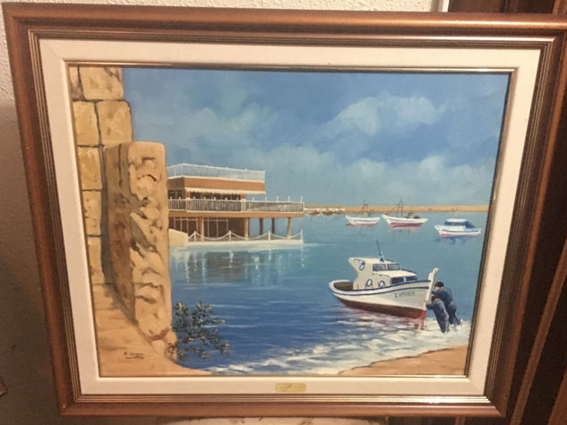 Dos pescadores empujando un barco al mar. Oil Canvas Marine Painting