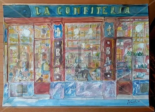 La Confitería, Barcelona (serie #bodegonesyolassianos) Acuarela Papel Bodegones