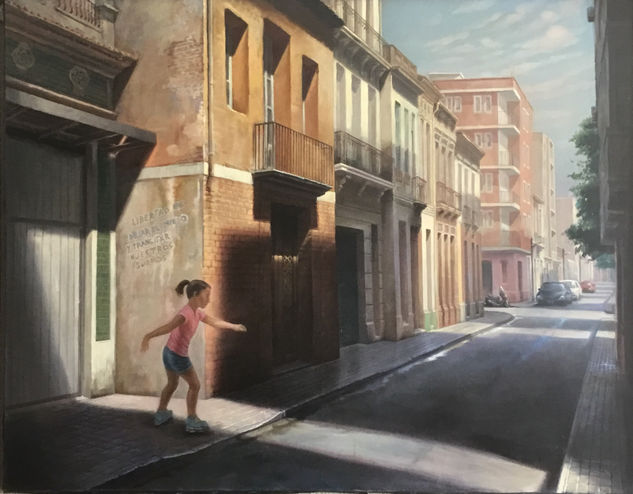 calle  y niña en patinete Oil Canvas Landscaping