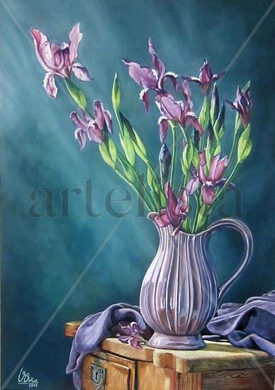 Jarra de cerámica con orquídeas Oil Canvas Floral Painting