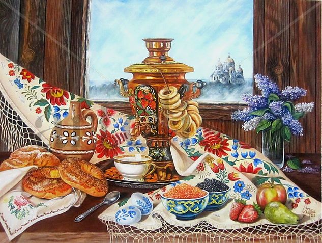 Bodegón ruso con samovar Oil Canvas Still Life Paintings