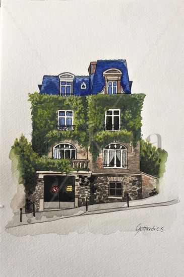 Casa de Montmartre Acuarela Papel Paisaje