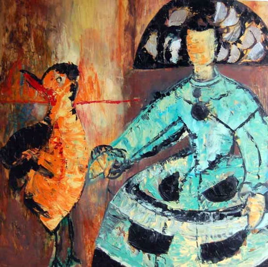 menina y gallo Óleo Tabla Figura