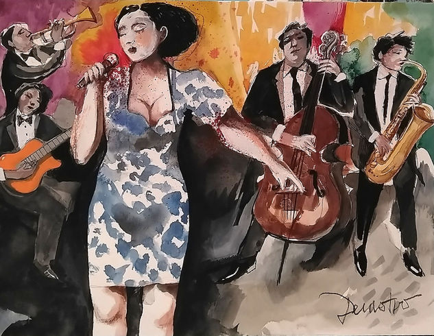 La cantante de blues Acuarela Papel Figura