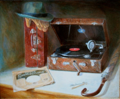 "Bodegón con tocadiscos antiguo" Oil Canvas Still Life Paintings