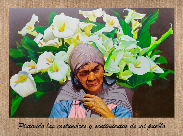 Vendedora Tradicional de Flores Oil Canvas Portrait