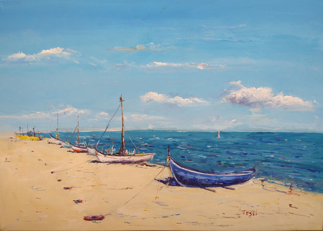 Barcas en la playa Acrylic Canvas Marine Painting