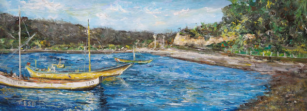 Barcazas amarillas, en la orilla. Acrylic Canvas Marine Painting