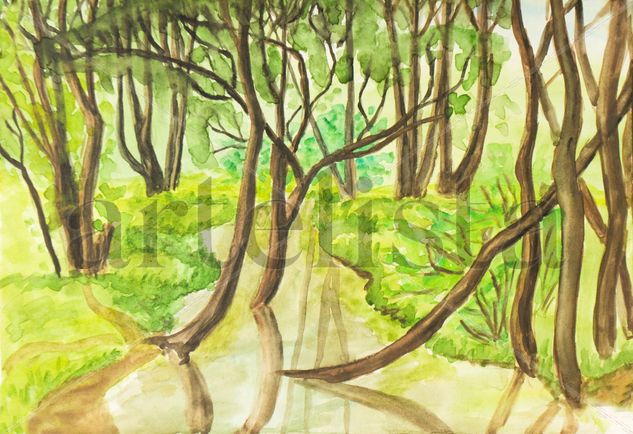 Summer landscape - trees and river Acuarela Papel Paisaje