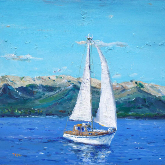 Velero sobre el río azul. Acrylic Panel Marine Painting