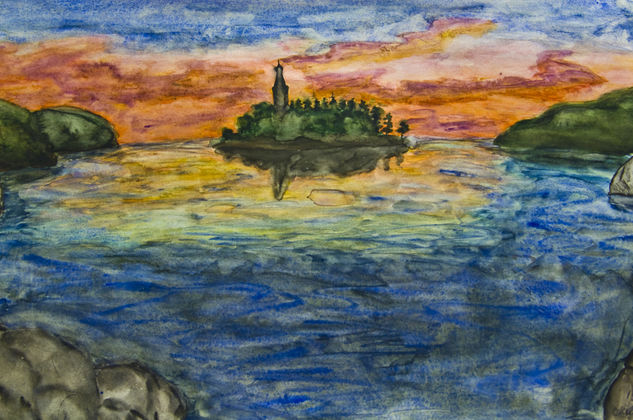 Island with sunset Watercolour Paper Marine Painting