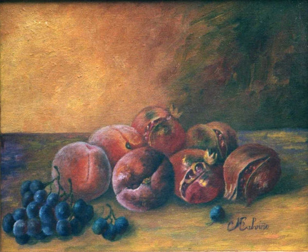 Grupo de Granadas, Melocotones y un pequeño racimo de uvas Oil Canvas Still Life Paintings