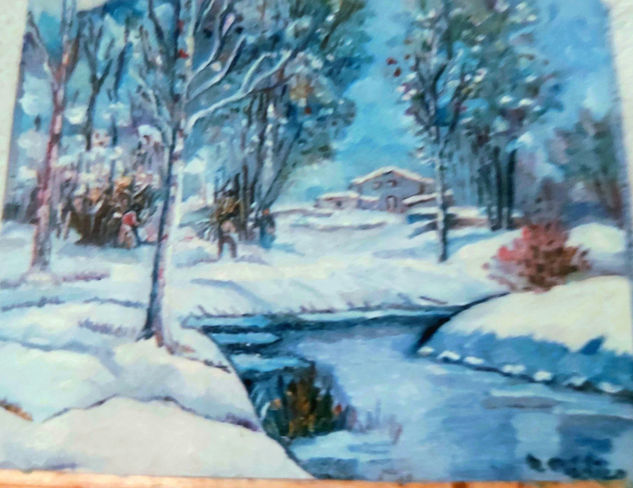 Aldea con nieve, junto al rio.Leñador con haz de leña en YellowStone (Estados Unidos) Oil Canvas Landscaping