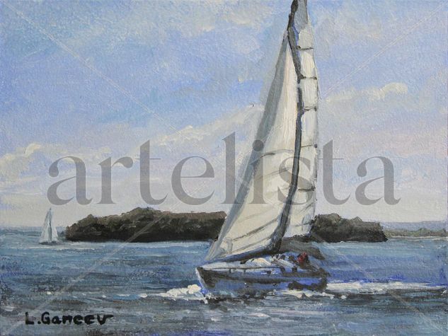 WALKING ON A YACHT Oil Panel Marine Painting