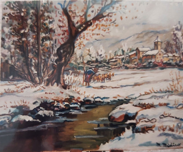 Pastora Conduciendo el rebaño ,de vuelta a la Aldea un dia de nieve (Fiordos Noruegos) Oil Canvas Landscaping