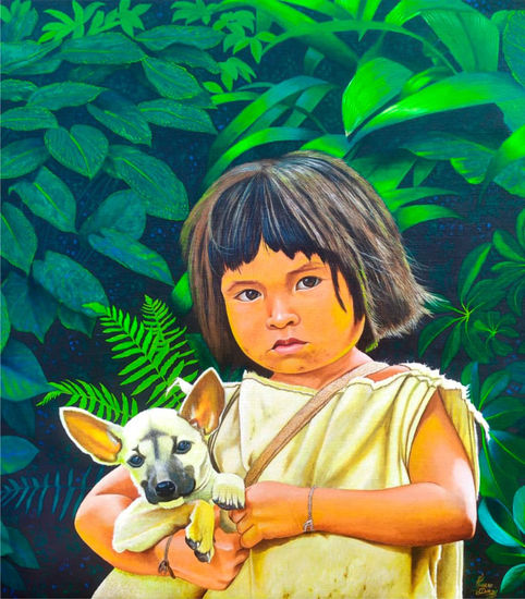 Niño Kogui y su mascota Óleo Lienzo Paisaje