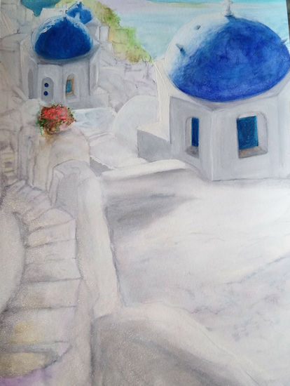 Santorín, Santorini, Tera, Thera o Thira. Acuarela Papel Paisaje