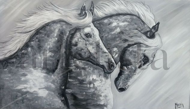 Caballos grises Oil Canvas Animals