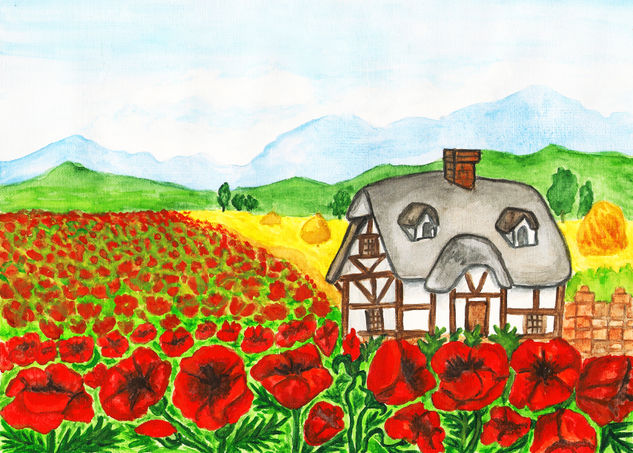 House on meadow with red poppies 2 Acuarela Papel Paisaje