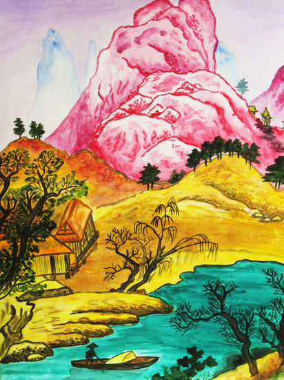 Chinese landscape with pink hills Acuarela Papel Paisaje