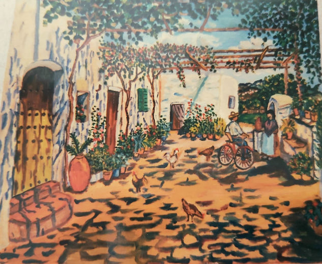 Charlando en el jardin ,bajo la parra (Cordoba) Óleo Tabla Paisaje