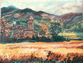 Aldea de montaña con plantación de Cereal (España)