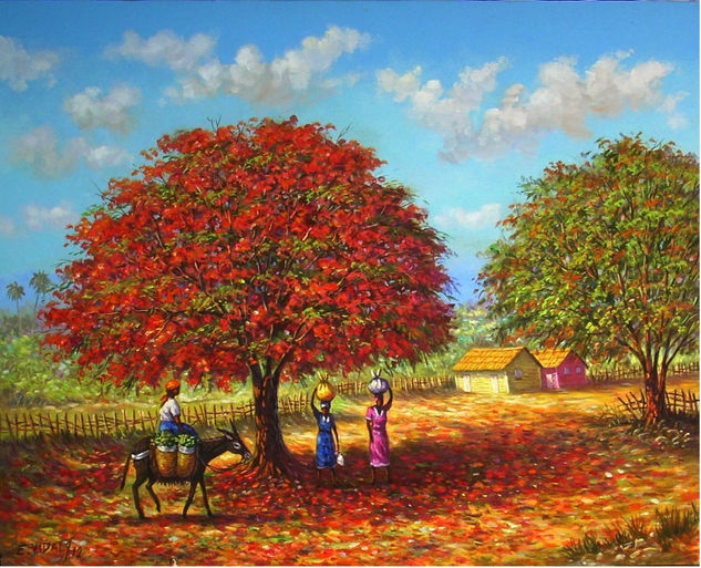 PAISAJE COSTUMBRISTA FRAMBOYAN ROJO Oil Canvas Landscaping