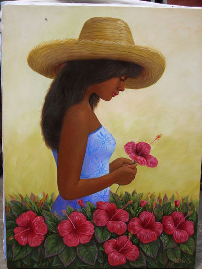 MUCHACHA CON CAYENAS EN EL JARDIN , Oil Canvas Figure Painting