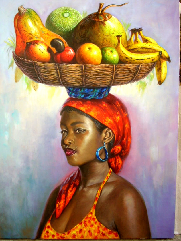 vendutera MORENA CON CANASTA DE FRUTAS  obra del pintor dominicano eusebio vidal
