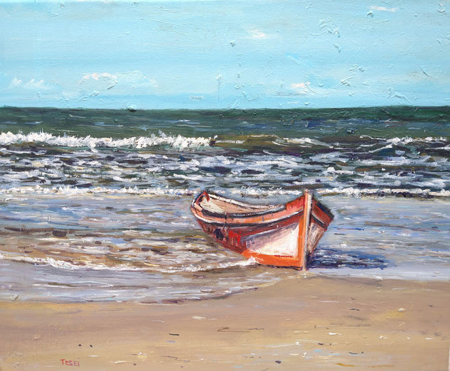 Bote rojo, en la playa. Acrylic Canvas Marine Painting