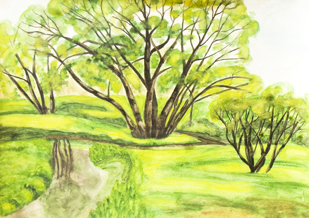 Summer landscape with trees in park Acuarela Papel Paisaje