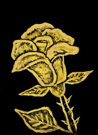 Golden rose on black Gouache Papel Floral