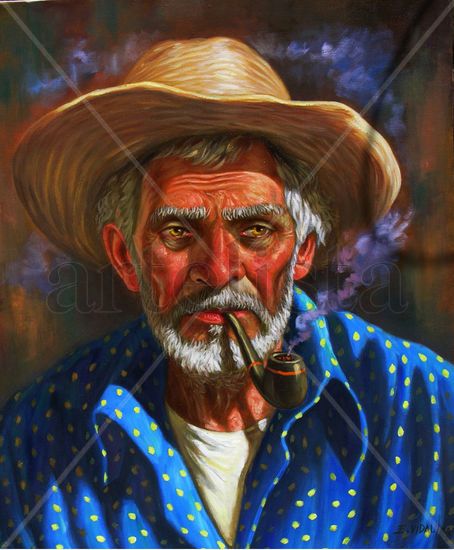 VIEJO CAMPESINO ,DOMINICANO CON CAMIZA AZUL PINTURA COSTUMBRISTA Oil Canvas Figure Painting