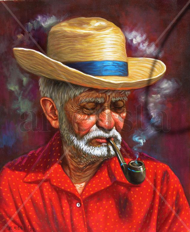 VIEJO CAMPESINO CON CACHIMBO  ,DOMINICANO PINTURA  COSTUMBRISTA