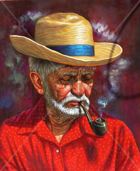 VIEJO CAMPESINO CON CACHIMBO  ,DOMINICANO PINTURA  COSTUMBRISTA Óleo Lienzo Figura