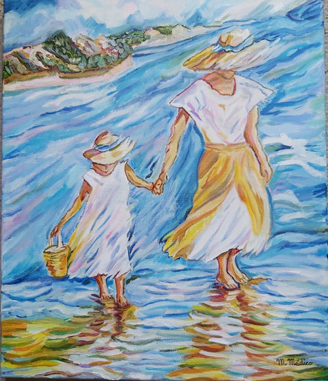 Paseando Por la Playa Madre , hija Oil Canvas Marine Painting