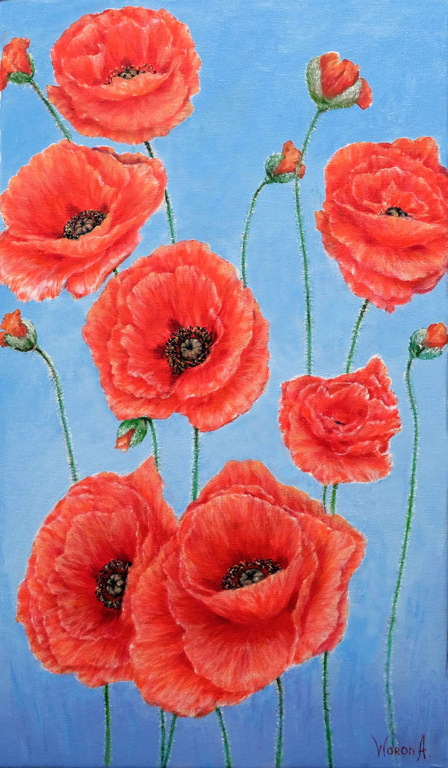 Anastasia Woron:"Amapolas Sobre Azul"-Óleo Original Firmado (27x46 cm.) 2022