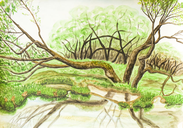 Summer landscape Willow trees and water Acuarela Papel Paisaje