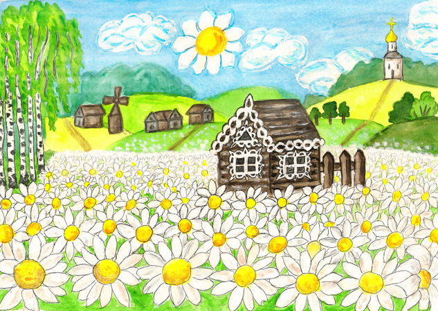 House with camomiles 2 Gouache Papel Paisaje